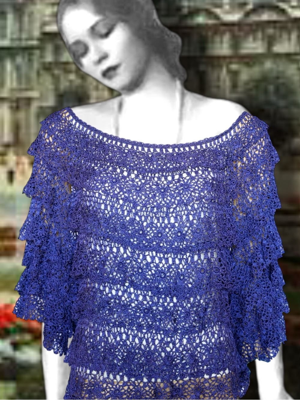 Anna Konya Limited Edition Ruffled Lace Sheer Crochet Peasant Top Dark Blue VNTG
